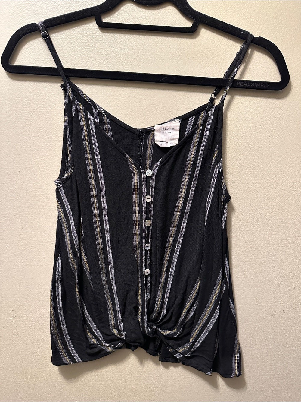 Harper Black Striped Button-Front Knotted Cami